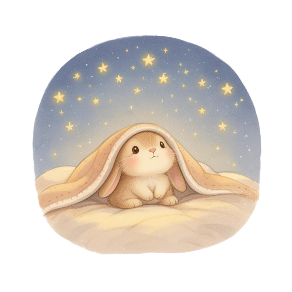 Ein kleiner Hase schlüpft unter seine weiche Decke